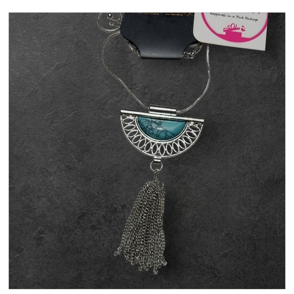 NWT Maren Elena For NADINE WEST Silver and Faux Turquoise Tassel Necklace ~30"